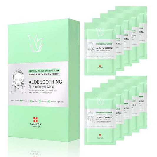 Leaders Insolution Aloe Soothing Skin Renewal Mask | Organic Aloe Leaf & Cactus Extract Hydrating Facial Treatment for Sensitive, Dry, Acne-Prone Skin | UV Repair & Hydration Boost (10 Sheets)