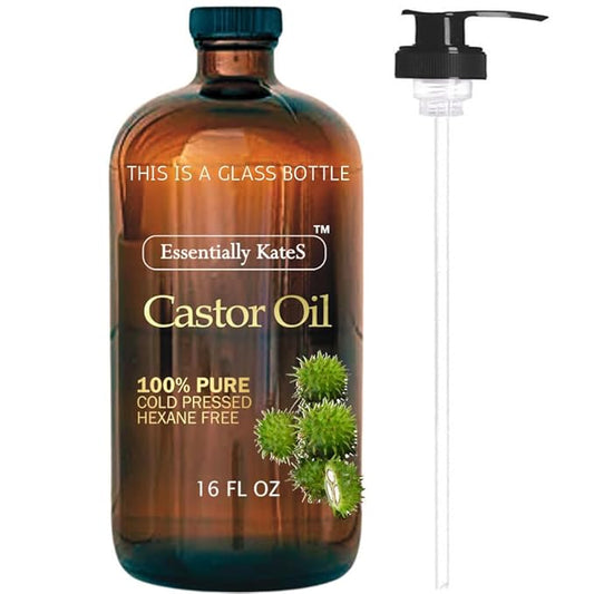 Castor Oil 16 Fl Oz (Glass Bottle) - Original Unrefined - A Huge Glass Bottle with a Pump - 100% Pure and Natural, Cold Pressed, and Hexane-Free - Hair and Body