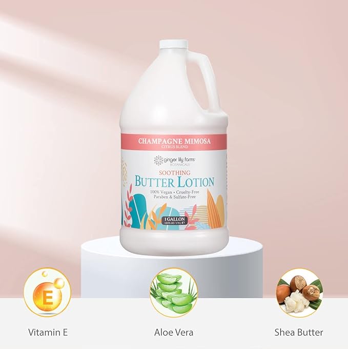Ginger Lily Farms Botanicals Soothing Butter Lotion for Dry Skin, Champagne Mimosa, 100% Vegan & Cruelty-Free, Citrus Blend Scent, 1 Gallon (128 fl oz) Refill