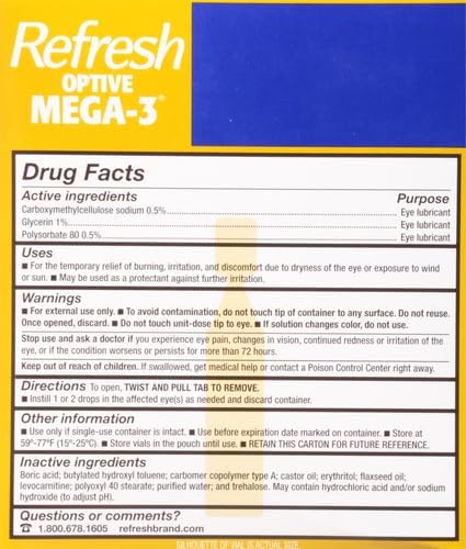 Refresh Optive MEGA-3 Lubricant Eye Drops Preservative-Free Artificial Tears, 0.01 fl oz (0.4 mL), 60 Single-Use Containers (Pack of 2)