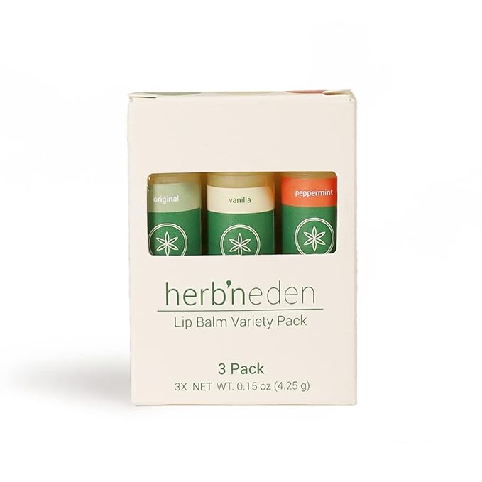 Herb’N Eden Lip Balm Variety Pack of 3 | Moisturizing and Soothing for Dry, Chapped Lips | Vanilla, Peppermint, Unscented | 100% Natural Ingredients | Essential Oils