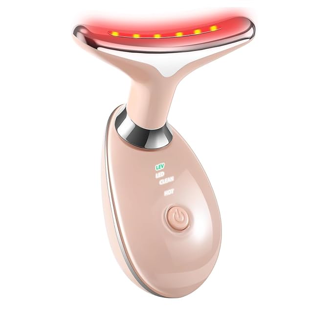 7-in-1 Face and Neck Massage Tool for Skin Care Gift, Multifunctional Electric Red Light Therapy for Face, Wrinkles, Double Chin (Pink)
