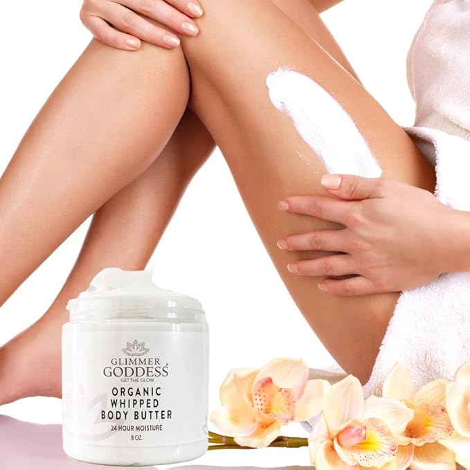 GLIMMER GODDESS Organic Whipped Body Butter- Frankincense&Myrrh, Vegan, 24 Hr Hydration, Less Stretch Marks, All Skin Types, Child-Safe, Organic, 8 oz