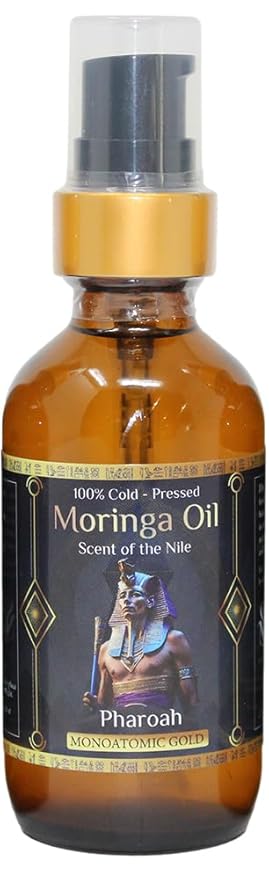 Pharoah - 100% Pure Moringa Oil blended with Leather, and Sweet Tobacco Essential oils and infused with Egyptian Ormus Gold - Pure Moringa Seed oil - Scent of The Nile - 2oz. (60 Ml)