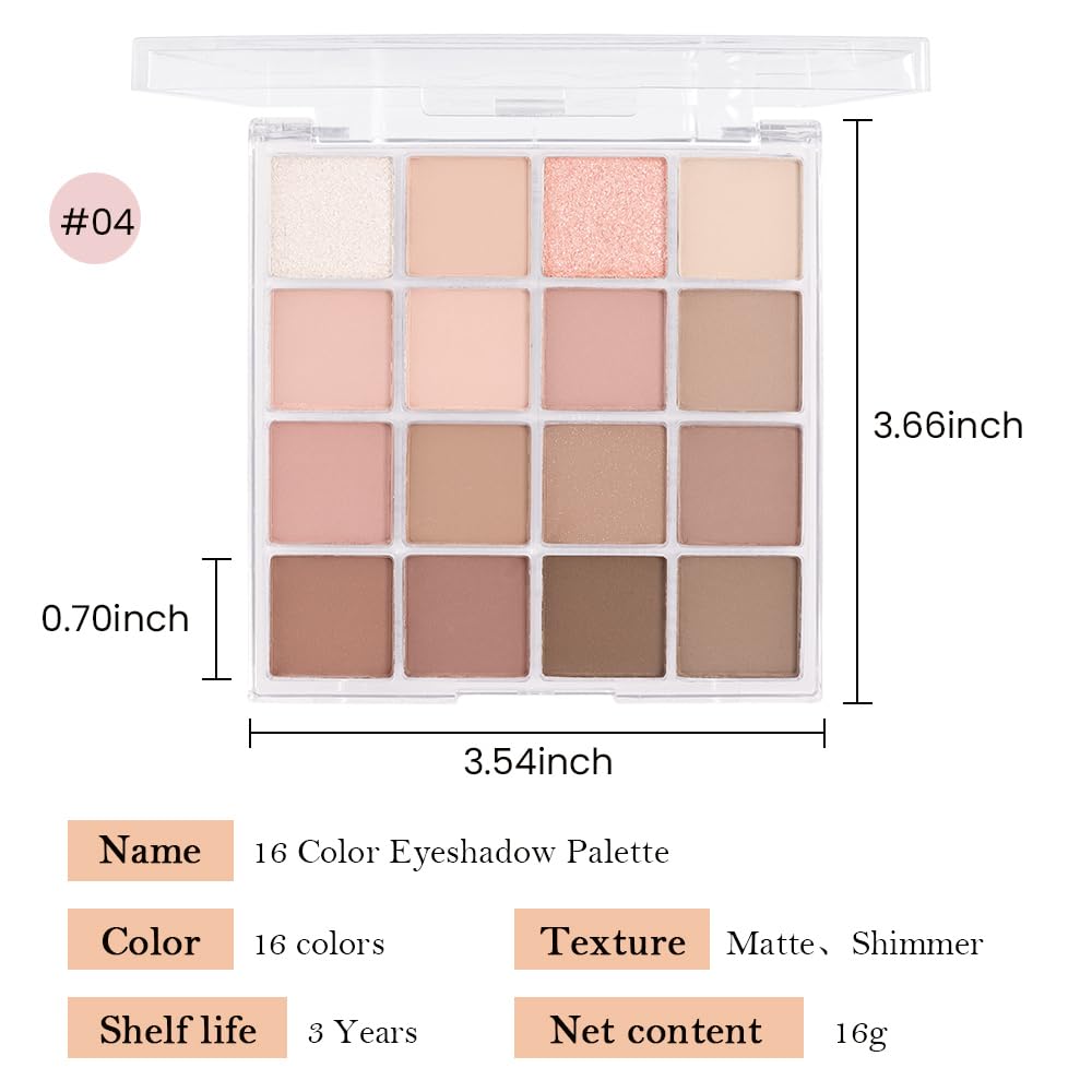 16Color Matte Shimmer Eyeshadow Palette, Natural Nude Dark Brown Champagne Gold Coffee Sparkly Eye Shadow Makeup, Warm Pastel Eyeshadows Long Lasting Waterproof Naturing-Looking Women Girls Eye Shadow
