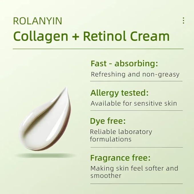 ROLANYIN Collagen + Retinol Cream for Deep Hydration and Anti Aging Firming Wrinkle Reduction Nourishing and Plumping Formula Skin Care