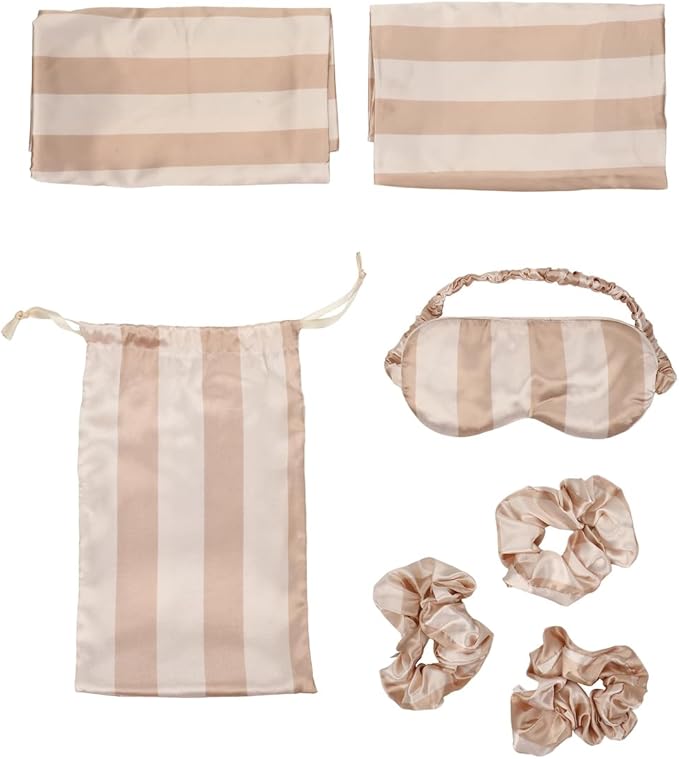 Striped Print 6-Pack Pillowcase, Eye Mask, & Scrunchies Set-Standard