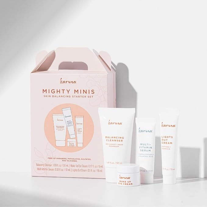 Karuna Mighty Minis, Skin Balancing Starter Set | Includes: Balancing Cleanser 1.69oz/50ml, Wake Up Eye Cream 0.17oz/5ml, Multi-Vitamin Serum 0.33oz/10ml & Lights Out Cream 0.5oz/15ml
