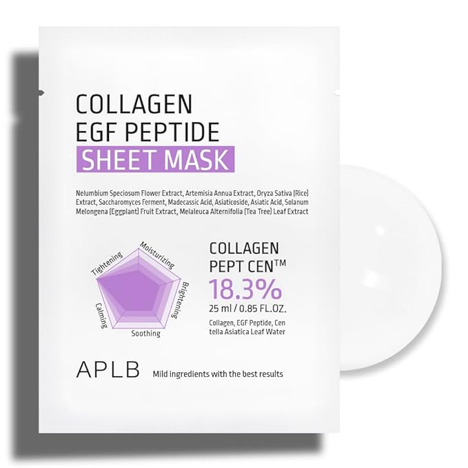 APLB Collagen EGF Peptide Sheet Mask 10pcs | COLLAGEN PEPT CEN™ 18.3% 0.85 FL.OZ/Korean Skincare, Elasticity care, Long lasting moisturizing, Revitalize for gentle and improve skin texture