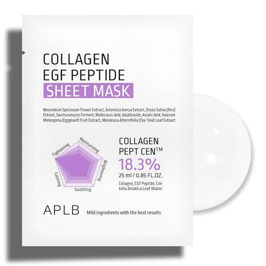 APLB Collagen EGF Peptide Sheet Mask 10pcs | COLLAGEN PEPT CEN™ 18.3% 0.85 FL.OZ/Korean Skincare, Elasticity care, Long lasting moisturizing, Revitalize for gentle and improve skin texture