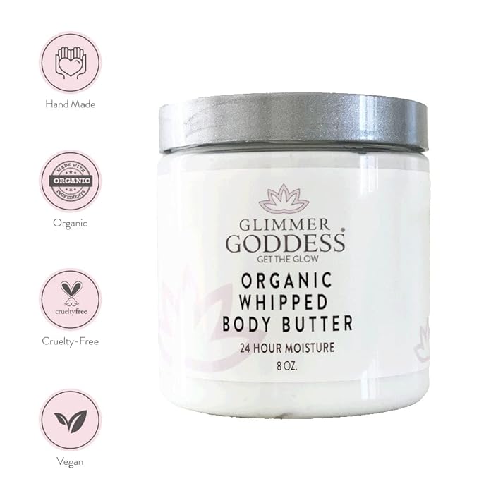 GLIMMER GODDESS Organic Whipped Body Butter- Coconut Lime, Vegan, 24 Hr Hydration, Less Stretch Marks, All Skin Types, Child-Safe, Organic, 8 oz