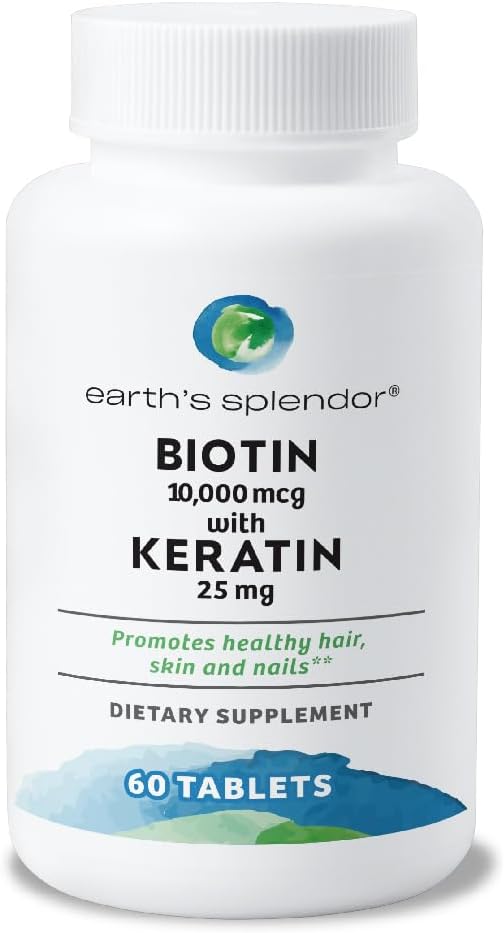 Earth's Splendor Biotin 10,000 mcg + Keratin 25mg, Promotes Healthy Hair, Strong Nails and Skin Support, 60- Day Supply