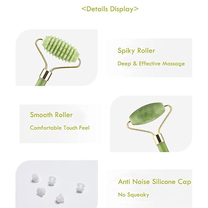 Jade Rollers for Face Beauty and Eyes Massage - Facial Massager for Anti Aging Wrinkles and Skin Rejuvenate - Natural Jade Crystal Derma Roller for Puffiness and Lift - Spiky Roller