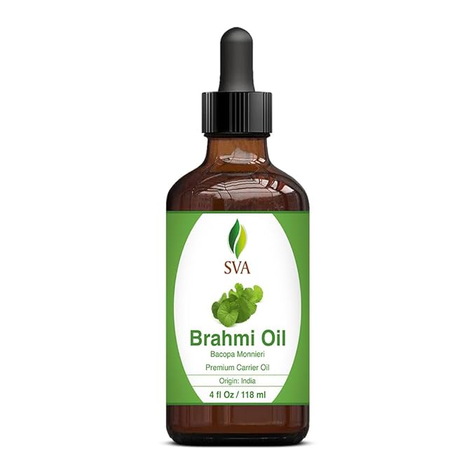 SVA Brahmi Oil - 4 Fl Oz – 100% Natural Cold Pressed Brahmi Oil - for Face, Skin Care, Hair Care, Scalp Massage & Body Massage – Carrier Oil with Dropper