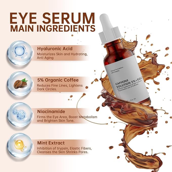 Caffeine Solution 5% + EGCG Eye Serum for Skin Care Caffeine Eye Hyaluronic Acid Reducing Puffiness and Dark Circles, Niacinamide Under Serum, Under Bags and Wrinkles 30ml