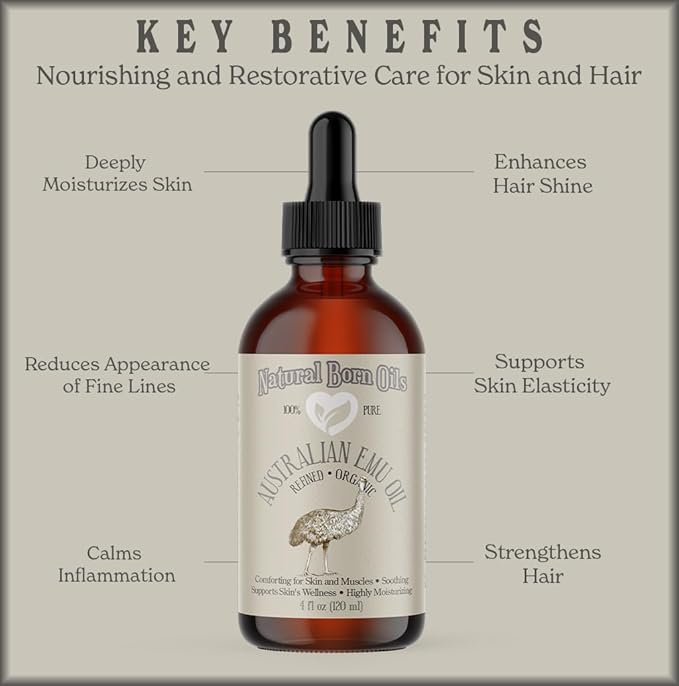 Natural Born Oils Australian Emu Oil, 4oz, Organic, Fully Refined, High in Omega-3 & 6, Perfect for Skin Nourishment, Hair Revitalization