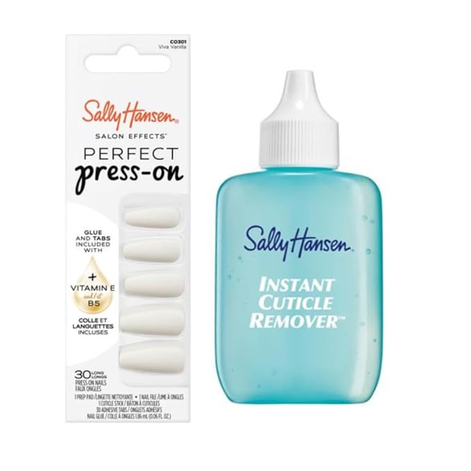 Sally Hansen Instant Cuticle Remover and Salon Effects Perfect Press-On Nails in 30 Designs with Nail Glue