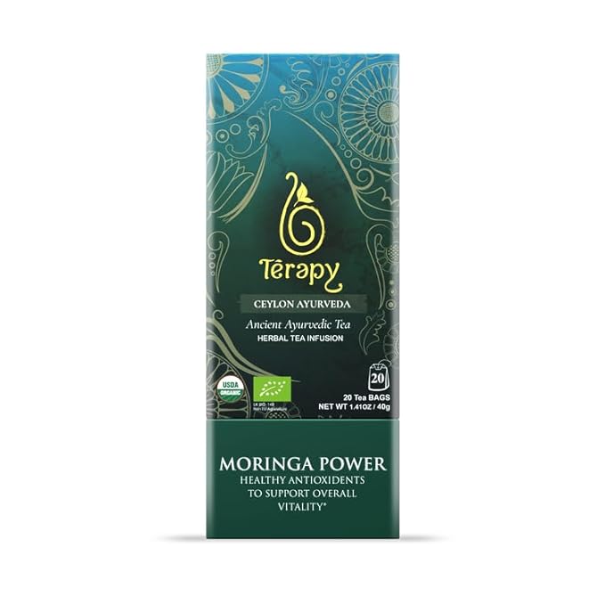 Térapy Ceylon Organic MORINGA TEA | USDA Organic Herbal Tea Bags| Helps with Vitality & Antioxidants | 100% Natural Ayurvedic Ingredients | 20 Individually Wrapped Tea Bags
