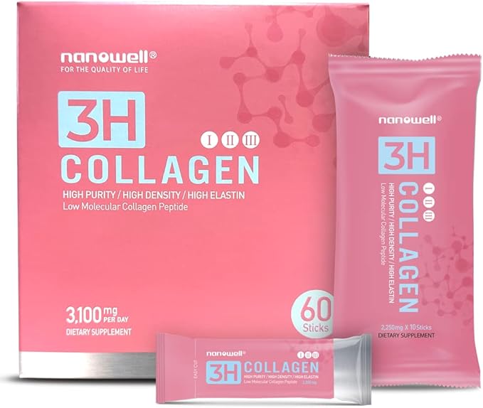 3H Collagen Peptide Powder - Types I, II, & III with Vitamin C, Hydrolyzed Elastin Peptide & Hyaluronic Acid - Supports Hair, Skin, Nails, Joints & Bones - 60 Sticks, 30 Day Supply