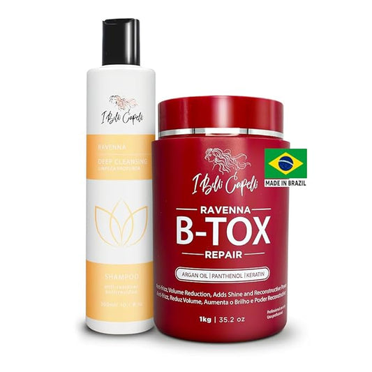 Ravenna Hair Treatment Kit- 1kg/35.02 oz B-tox Hair Mask + 300ml/10.1 fl.oz Anti-Residue Shampoo- Repair & Clarifying Shampoo for Longer Effect