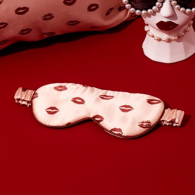 THXSILK Sleep Mask 100% 19 Momme Pure Mulberry Silk Super Smooth Cooling Decorative Sleep Eye Mask Blackout Eye Cover with Wide Head Strap, Sexy-Lip-Pink