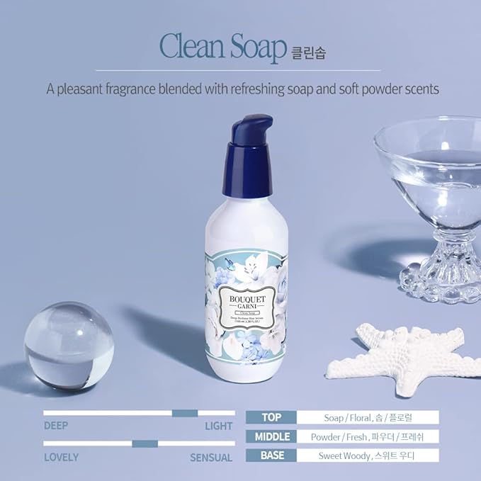 BOUQUET GARNI Deep Perfume Hair Serum Clean Soap Fragrance - Anti-Frizz Hair, Quick Absorption, Long-lasting (Containing Amino acids, Proteins, Hyaluronic Acids, Vegan Oils) - 3.4 oz