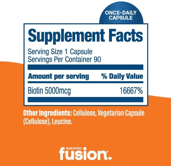 Bariatric Fusion Biotin 5000mcg Vitamin | Easy to Swallow Capsules Biotin Supplement for Hair Growth | 90 Count | 3 Month Supply