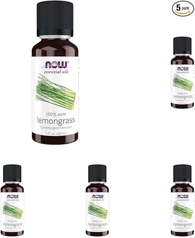 Now Essential Oils, Lemongrass Oil, Uplifting Aromatherapy Scent, Steam Distilled, 100% Pure, Vegan, Child Resistant Cap, 1-Ounce (Pack of 5)