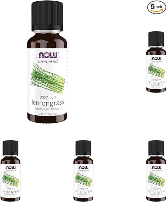 Now Essential Oils, Lemongrass Oil, Uplifting Aromatherapy Scent, Steam Distilled, 100% Pure, Vegan, Child Resistant Cap, 1-Ounce (Pack of 5)