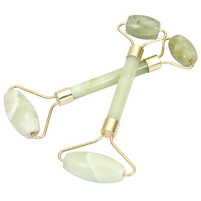 rockcloud Natural Crystal Stone Roller Massager Double Neck Face & Neck Massage Therapy Anti-Aging Wrinkle Healing Slimming Skincare Tool, Xiuyan Jade