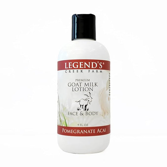 Legend's Creek Farm Goat Milk Lotion - Moisturizing Goat Milk Body Lotion for Body, Hand & Face - 9 oz Body Moisturizer with Shea Butter, Sunflower Oil, Aloe, Handmade in USA (Pomegranate Acai L.)
