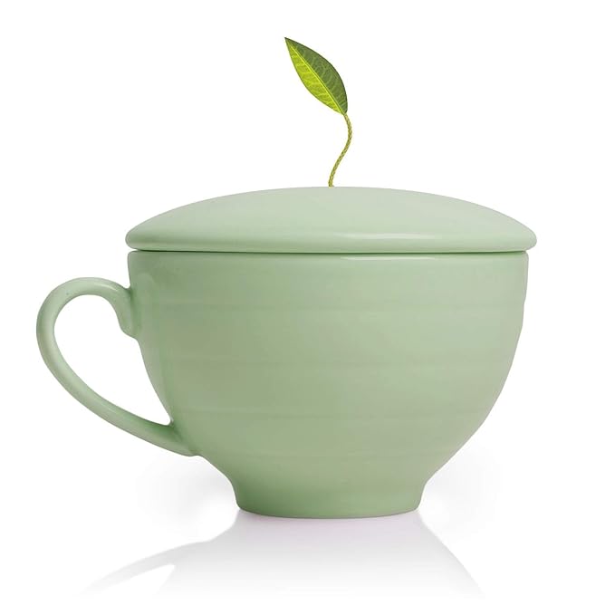 Tea Forte Fleur 3-Piece Mother's Day Tea Gift Set with Pale Mint Green Cafe Cup with Lid, Tea Tray and 10 Assorted 2 of Each Variety Organic Handcrafted Pyramid Infuser Tea Bags