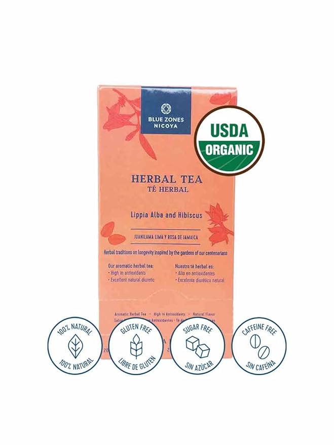 Blue Zones Nicoya - Lippia Alba & Hibiscus Flavored Tea Bags - 100% Natural, Organic, and Refreshing - High Micronutrients - Gluten, Caffeine, Sugar-Free - 4 Packs of 20