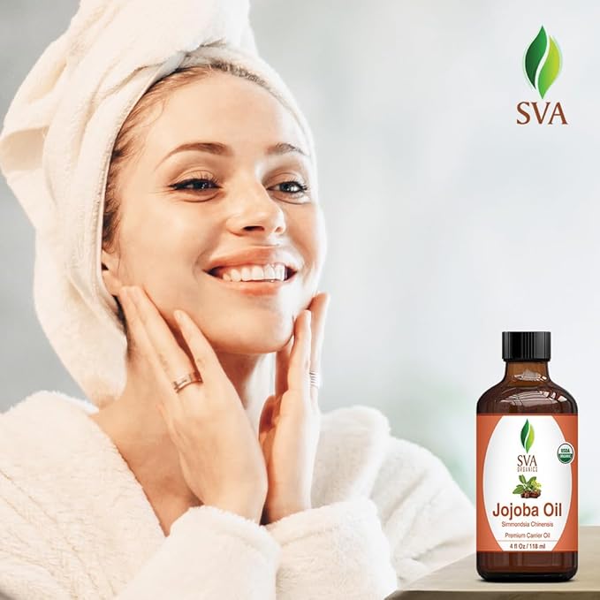 SVA Jojoba Seed Oil Organic - 4 Fl Oz – 100% Natural Cold Pressed Organic Jojoba Oil - for Face, Skin Care, Hair Care, Scalp Massage & Body Massage – Carrier Oil with Dropper