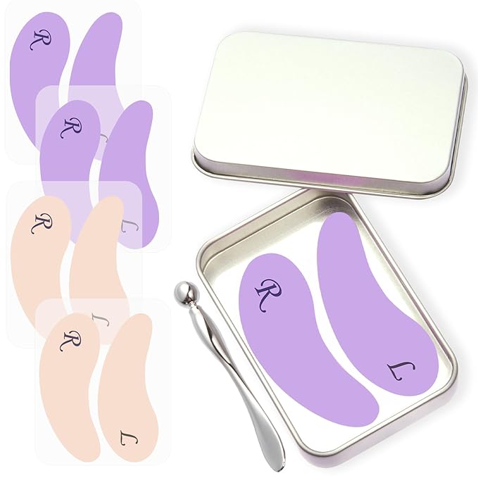 4 Pairs Reusable Under Eye Wrinkle Patches Silicone Mask, Plump Fine Lines & Wrinkles, with Metal Eye Cream Applicator, Tin Case, Cream&Purple