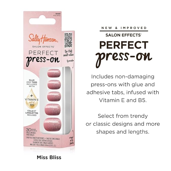 Sally Hansen Instant Cuticle Remover & Salon Effects Miss Bliss Press On Nails Kit - Ultra Fast 15 Second Gel Formula with Aloe & 30 Designs with Nail Glue