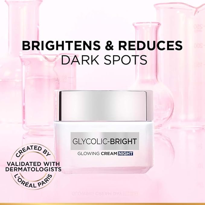 L'Oreal Paris Glycolic Bright Glowing Night Cream, 15ml |Overnight Brightening Cream with Glycolic Acid that Visbily Minimizes Spots & Reveals Glowing skin