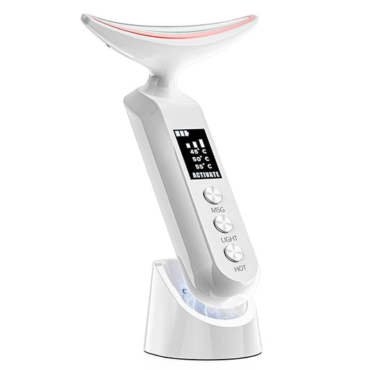 Facial Neck Massager Portable Charging Dock - 3 Heat Settings, Vibrating Face Massage, 9-Color LED Light & 72Hrs Battery | Home Spa Travel Skincare - White