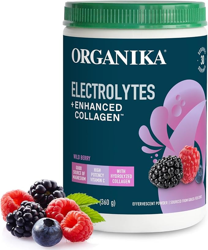 Organikа Electrolytes with Enhanced Collagen Powder for Women & Men - 360g - Wild Berry-Flavored Effervescent Electrolyte & Collagen Drink Mix - Deep Hydration, Mobility, Skin, Hair, & Nails