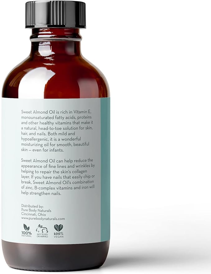 Pure Body Naturals Sweet Almond Oil, 4 fl oz - Cold Pressed and 100% Pure - for Hair, Skin, Nails, Therapeutic Massage, Carrier Oil