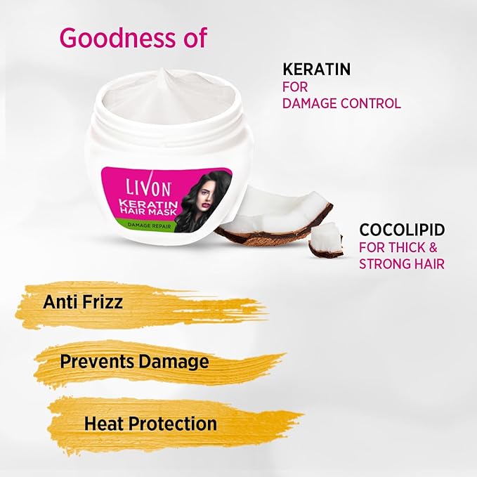 Livon Hair Mask Damage Repair | Repairs Damage, Controls Frizz | Infused with Keratin for Stronger, Smoother, Shinier Hair | 15.2 Fl Oz
