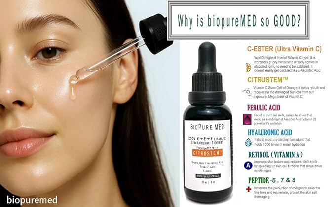 BioPureMED 25% Vitamin CE+Ferulic Acid Serum for Face: Anti Wrinkle Serum with Tripeptide-5, Retinol 22, Hyaluronic Acid Best Organic Korean Skin Care Formula Vitamin C Serum/Face Moisturizer