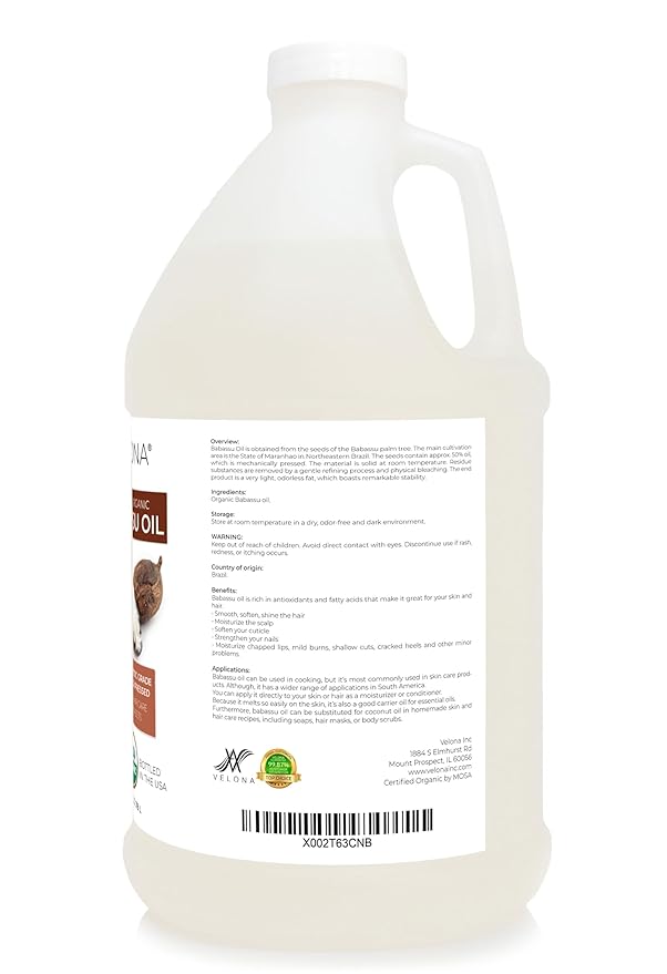 velona Babassu Oil USDA Certified Organic - 1 Gallon / 128 Fl Oz | 100% Pure and Natural Carrier Oil | Refined, Cold Pressed | Face, Hair, Body & Skin Care and Cooking | Use Today - Enjoy Results
