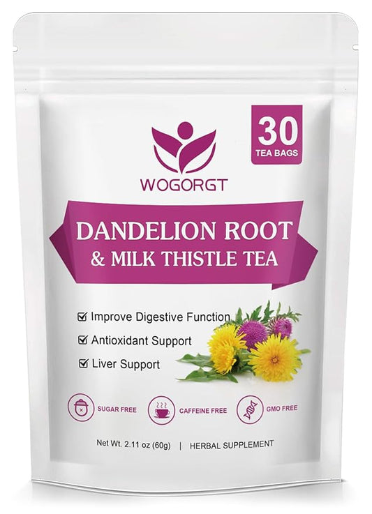 Dried Dandelion Root with Milk Thistle Tea - Natural Dandelion Root and Milk Thistle Herbal Tea bags for Liver Cleanse, Antioxidant and Immune Support, Caffeine Free - 30 Tea Bags