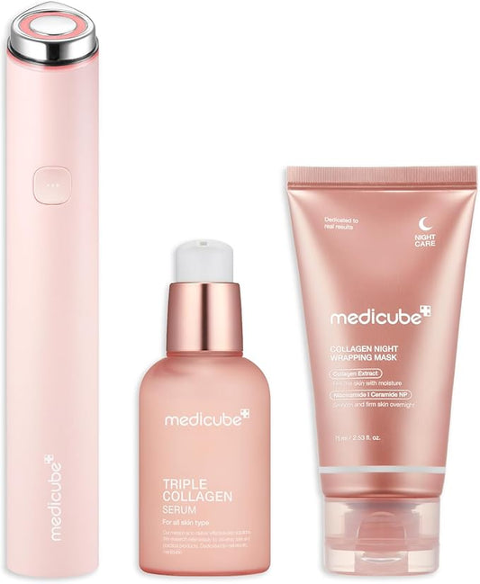 medicube Ultimate Pink Glow Skincare Trio: Mini Booster Pro Pink and Collagen Overnight Wrapping Peel Off Facial Mask Pack and Triple Collagen Serum 1.85 fl.oz (50ml)