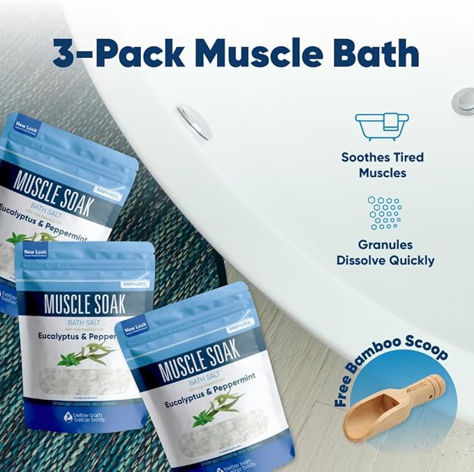 Muscle Bath Salt (3-Pack with Scoop) Muscle Bath Soaks with Pure Essential Oils in BPA Free Pouch with Press-Lock Seal Made in USA, Three 2-lbs Pouches 6-Lbs Total