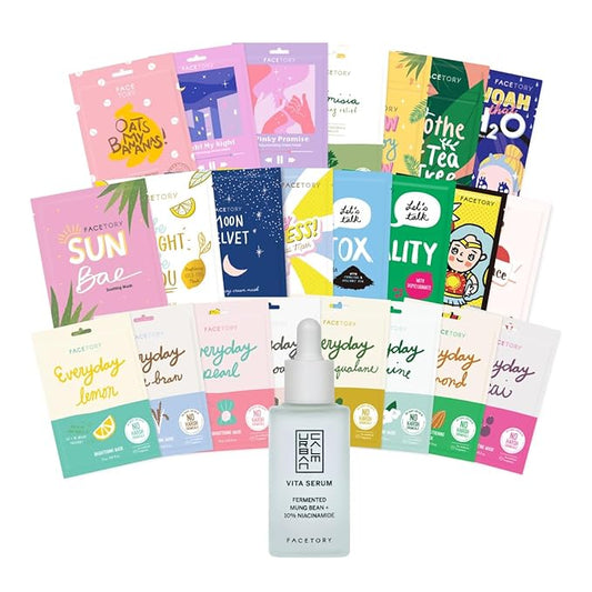 FACETORY 23 Sheet Mask Collection and Urban Calm Vita Serum Bundle - Brightening and Hydrating Skincare Set - 23 Sheet Masks and 1 Niacinamide Serum - for All Skin Types