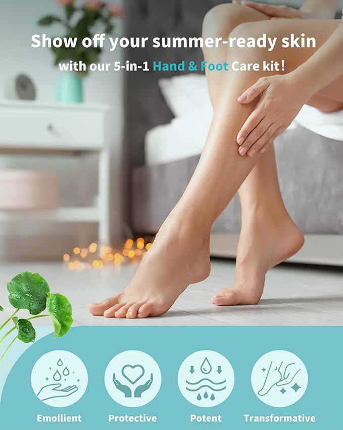 VTS Self Care Kit - Includes Moisturizing Heel Socks, Hand & Foot Oil, Salt Scrubs, Serum, Urea Cream 40 Percent - Hand Care Set, Foot Pedicure Kit for Dry Cracked Heels Feet Knees Elbows Hands