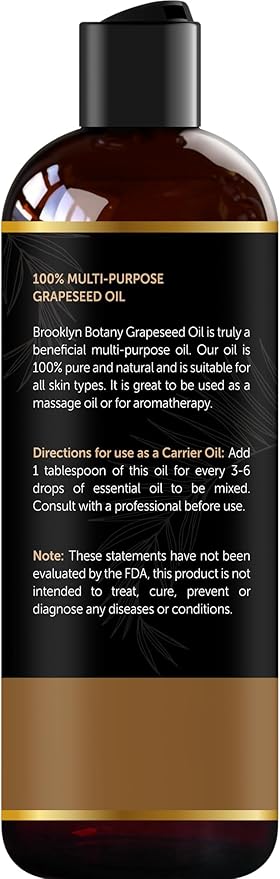 Brooklyn Botany Grapeseed Oil - 100% Pure and Natural Body, Hair, and Face Carrier Oil for Essential Oils, Aromatherapy, and Massage - 8 fl Oz