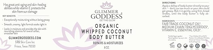 GLIMMER GODDESS Organic Vegan Whipped Coconut Oil & Vitamin E Body Butter With Lavender Lemon, Moisturizing, Anti-aging, Skin Repairing, 8 oz.